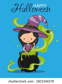 Happy Halloween card. Witch stirring a potion.