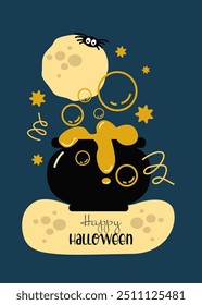 Happy Halloween card with witch's cauldron, moon for halloween party. Vector invitation for Halloween