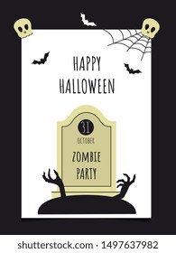 Happy Halloween card. Zombie party Holiday scary frame with text and festive elements, skull,  zombie, bat, spider, grave, cemetery . Black and white decor for invitation