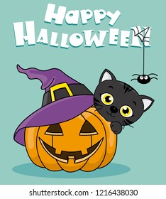 happy halloween card.Pumpkin with witch hat and black cat