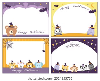 Happy halloween cards animal cute kawaii illustration memo note greeting wishes set ornament frame decorative witch hat kids