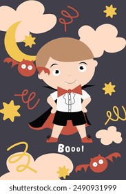 Happy Halloween cards with boy in carnival dracula costume for halloween party. Vector illustration with Halloween kids