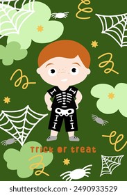 Happy Halloween cards with boy in carnival skeleton costume for halloween party. Vector illustration with Halloween kids