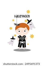 Happy Halloween cards with boy in carnival skeleton costume for halloween party. Vector invitation for Halloween