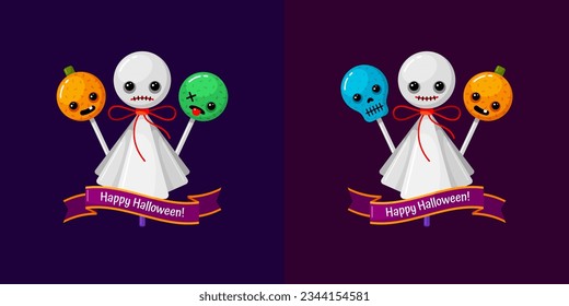 Happy Halloween cards with candies and ribbons, spooky food for holiday party, lollipops with ghost, pumpkin, skull and zombie faces, set of vector colorful cartoon illustrations