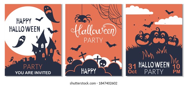 Happy halloween cards composition with spiders and bats hanging down. Vector