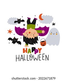 Happy Halloween Cards. Cute Cartoon Childrens In In Carnival Costume For Halloween Party. Vector Illustration With Halloween Kids