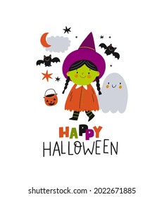 Happy Halloween Cards. Cute Cartoon Childrens In In Carnival Costume For Halloween Party. Vector Illustration With Halloween Kids