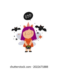 Happy Halloween Cards. Cute Cartoon Childrens In In Carnival Costume For Halloween Party. Vector Illustration With Halloween Kids