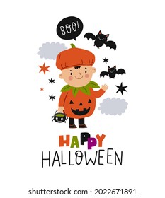 Happy Halloween Cards. Cute Cartoon Childrens In In Carnival Costume For Halloween Party. Vector Illustration With Halloween Kids