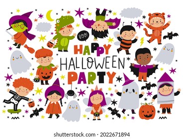 Happy Halloween Cards. Cute Cartoon Childrens In In Carnival Costume For Halloween Party. Vector Illustration With Halloween Kids