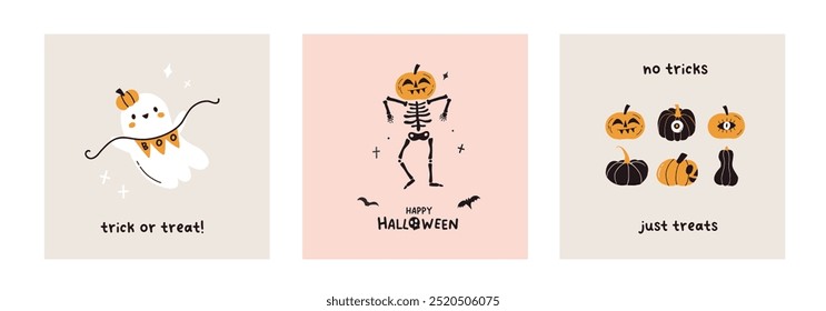 Happy Halloween cards design. Pumpkins, cute kawaii ghost and skeleton party poster template. Scary spooky horror characters banner invitation. Vector flat illustration