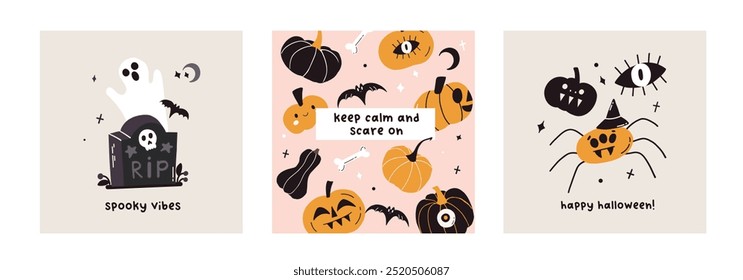 Happy Halloween cards design. Pumpkins, gravestone ghost and spider party poster template. Scary spooky horror characters banner invitation. Vector flat illustration 