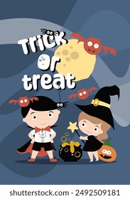 Happy Halloween cards with girl andboy in carnival costume for halloween party. Vector illustration with Halloween kids dracula and witch