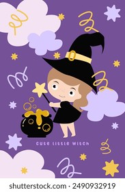 Happy Halloween cards with girl in carnival witch costume for halloween party. Vector illustration with Halloween kids