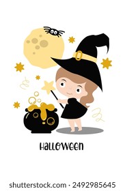 Happy Halloween cards with girl in carnival witch costume for halloween party. Vector invitation for Halloween	