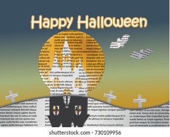 Happy Halloween cards,  Haunted Castle in front of the moon, flying bats made of newspaper paper.