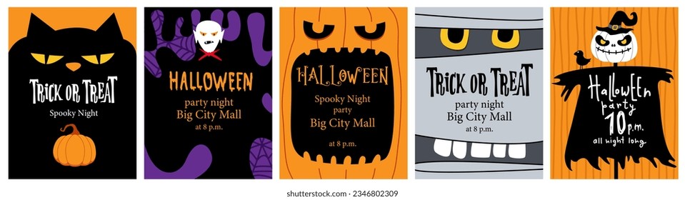 Happy Halloween cards, invitations, posters set. Place for text. Spooky characters, cat, Dracura, mummy, scarecrow, pumpkin. Halloween style lettering. Trick or trteat.