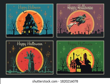 Happy Halloween Cards, Posters, Covers. Vintage Halloween Postcards Style, House with the Ghosts, Flying Witch, Dead Hand, Cemetery Background 