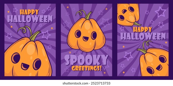 Feliz Halloween Cards definido. Bonito macaco de abóbora o lanterna no fundo roxo. Cartazes verticais isolados com caracteres kawaii laranja engraçados. Ilustração vetorial. Banner de saudação, folheto, design de festa