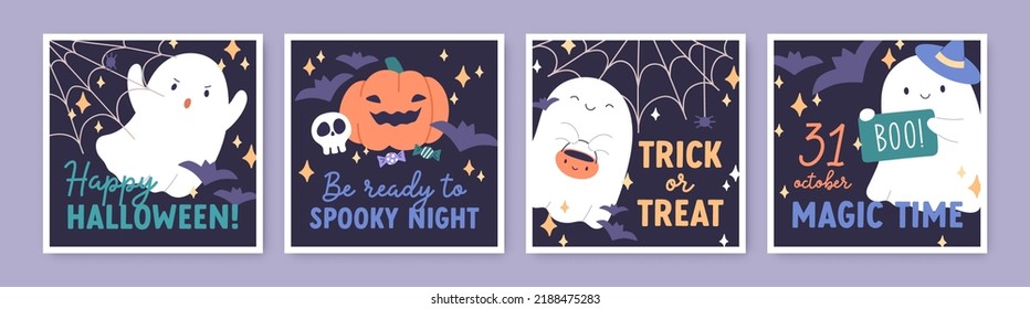 Happy Halloween cards set. Helloween postcards designs with cute funny baby ghost, pumpkin, web for creepy spooky holiday night. Childish flat graphic vector illustrations isolated on white background