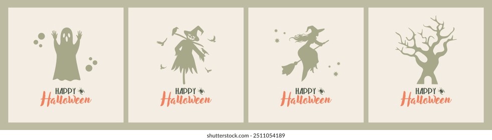 Happy Halloween cards set. Happy holiday. Halloween characters postcards.