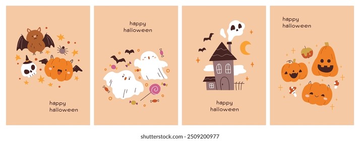 Happy Halloween cards set with pumpkins, baby ghosts, bats and cute spooky characters. Festive poster designs for October holiday. Trick or Treat, Helloween postcards. Flat vector illustration