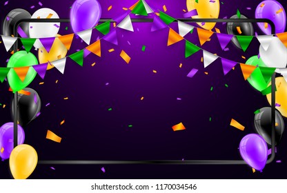 Happy Halloween Carnival Background. Orange purple flags garland, confetti concept for party design. Celebration Vector illustration.