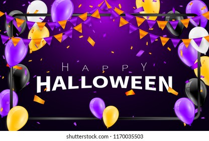 Happy Halloween Carnival Background. Orange purple flags garland, confetti concept for party design. Celebration Vector illustration.