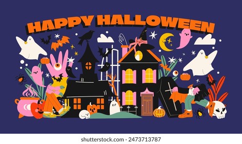 Happy Halloween. Cartoon banner, holiday poster with pumpkins, ghosts, zombies, dracula. Mystical scary background, retro party, trick on treat. Creepy skeleton spooky scary in retro 90s doodle style