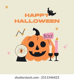 Feliz Halloween. Anuncio de dibujos animados, cartel de vacaciones con calabaza, velas, bolso mágico, murciélago. Místico fondo de miedo, fiesta retro, truco en el trato. estilo retro de los años 90 doodle