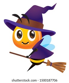 Happy Halloween. Cartoon bee in witch costume with magic broom. - vector mascot character