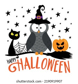 Happy Halloween  - Cartoon black cat, owl in witch hat, and pumpkin face in broomstick. Good for greeting card, poster, T shirt print, and other decoration for Halloween.