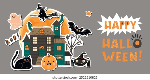 Happy Halloween! Cartoon card or banner with haunted house, witch on a broom, pumpkin, black cat, spider in a hat, ghost,bat.Colorful collage of characters and handwritten.Vector flat illustration.