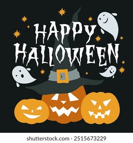 Happy Halloween, cartoon card orange and yellow pumpkins with carving smiles, ghost and autumn leaves vector illustration.