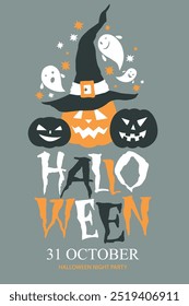 Happy Halloween, cartoon card orange and yellow pumpkins with carving smiles, ghost and autumn leaves vector illustration.