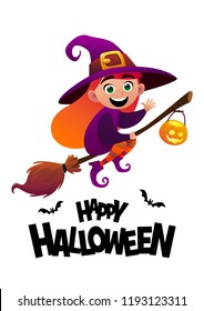 Happy Halloween Cartoon Character Costume Witch Kid Vector