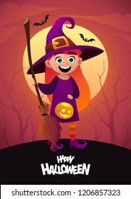 Happy Halloween cartoon character costume witch kid vector