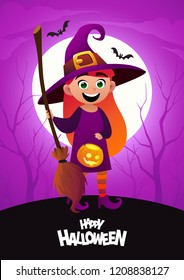 Happy Halloween cartoon character costume witch kid vector