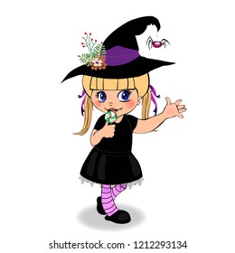 Happy Halloween cartoon character of little cute baby girl in witch dress costume and hat rising hand up framed with cobweb isolated on white background. Vector illustration, clip art for design.