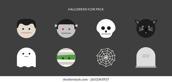 Happy Halloween cartoon characters icon set for spooky festival including Devil ghost, Death skull, Cat, Zombie Frankenstein, Vampire Dracula, cobweb, Mummy, gravestone. Horror face vector icons.
