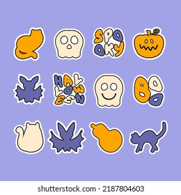 Happy halloween cartoon characters stickers collection. Perfect for tee, card, poster, stationery. Hand drawn vector illustration for decor and design.
