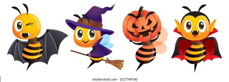 Happy Halloween. Cartoon cute bee halloween costumes mascot set. Cartoon cute bee in bat, witch, pumpkin and Dracula costumes - Bee halloween vector character