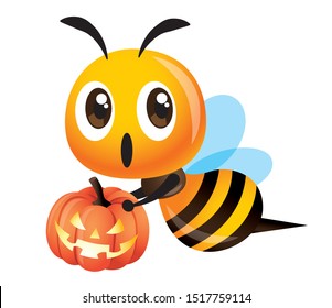 Happy Halloween. Cartoon cute bee holding a halloween pumpkin with light - vector character