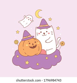 Happy Halloween cartoon cute cat and pumpkin.