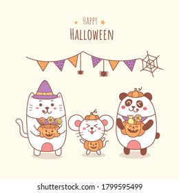 Happy Halloween cartoon cute cat rat and panda holding a pumpkin.party
