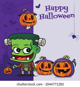 Caricatura lindo monstruo Frankenstein con varias calabazas graciosas en la cartelera de bienvenida de Halloween