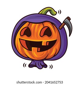 Happy halloween with cartoon cute funny pumpkin wearing grim reaper costume. Vector character