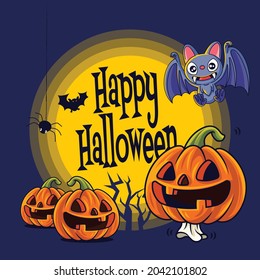 Happy Halloween. Cartoon cute Jack O Lantern orange pumpkin and bat characters with big greeting signboard