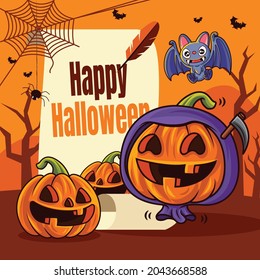 Happy Halloween. Cartoon cute orange pumpkin with grim reaper costume greeting halloween wishes on vintage scroll paper sign creepy background.